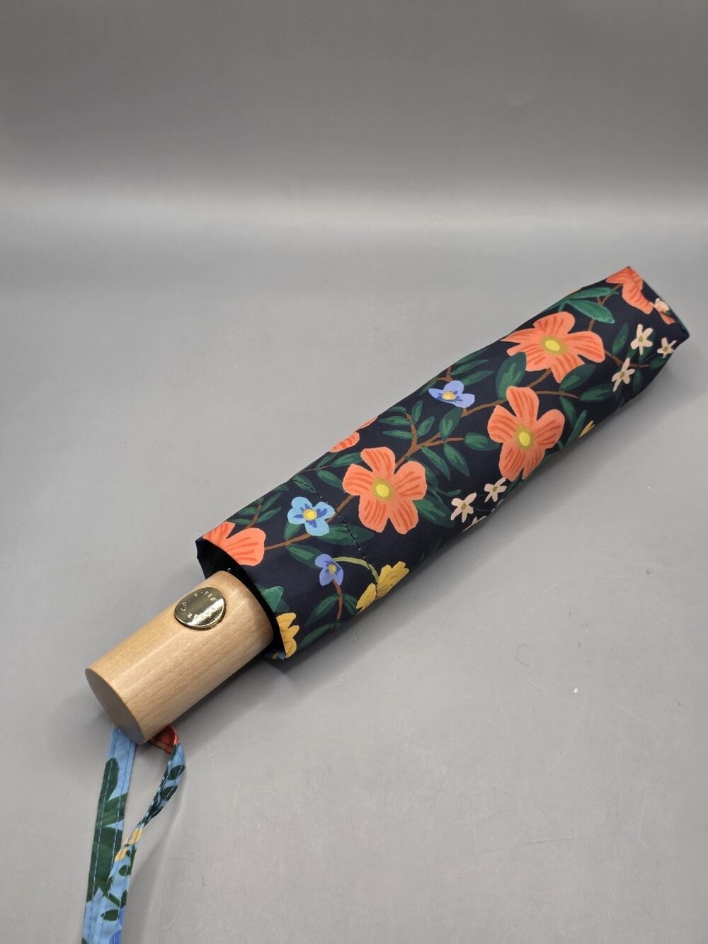 Rifle Paper Co Strawberry Fields Travel Umbrella Black Floral Compact Auto Open